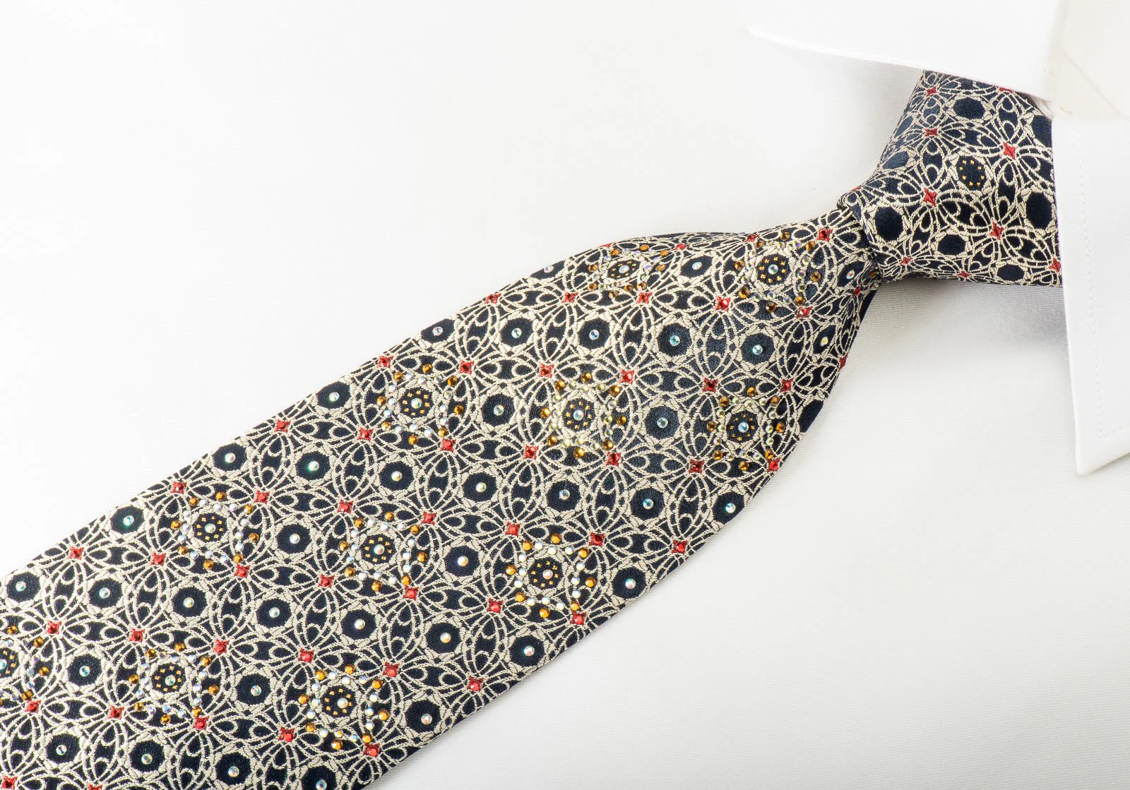 Arabesque On Navy Silk Tie With Rhinestones & Gold Sparkles - Image 3