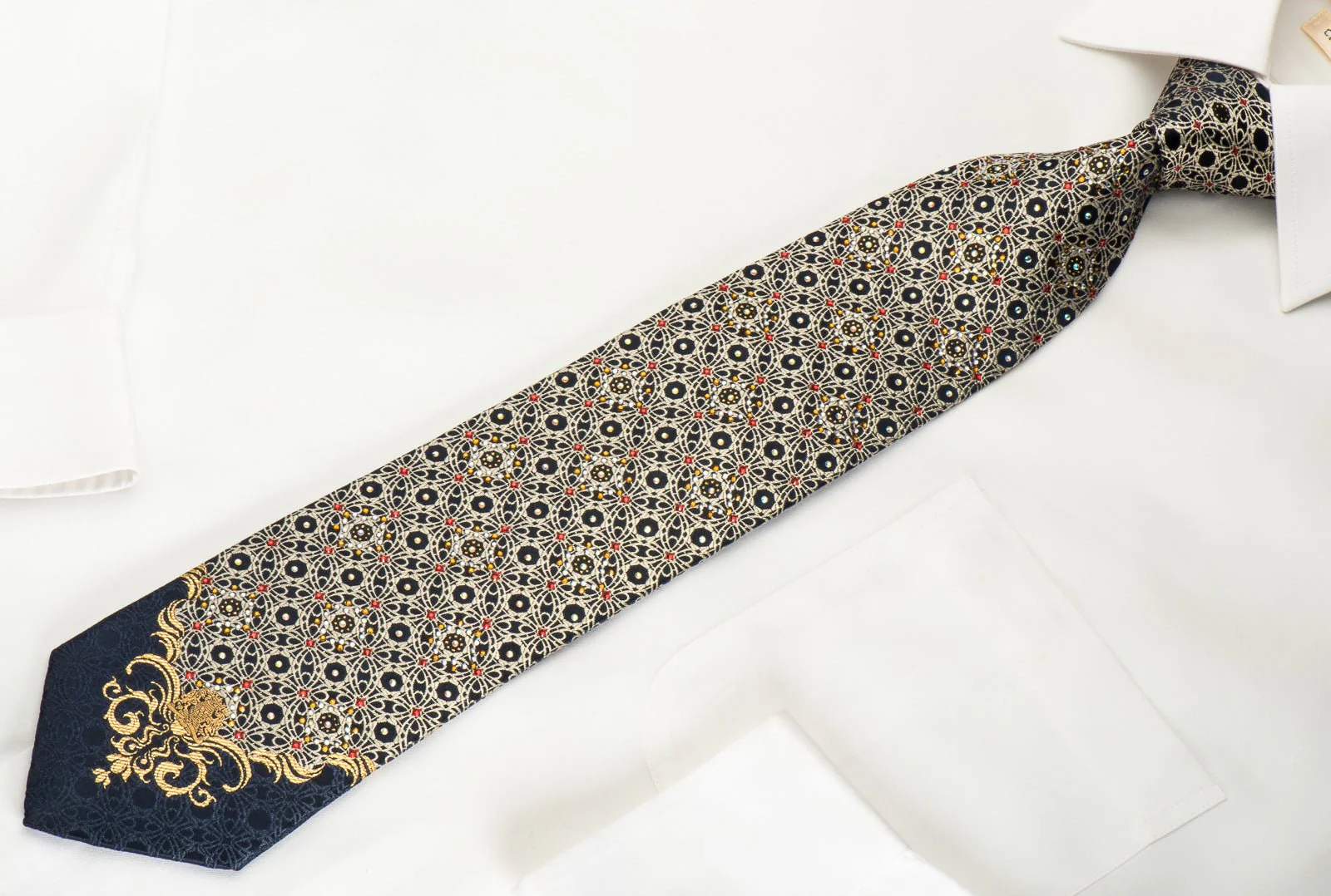 Arabesque On Navy Silk Tie With Rhinestones & Gold Sparkles - Image 6