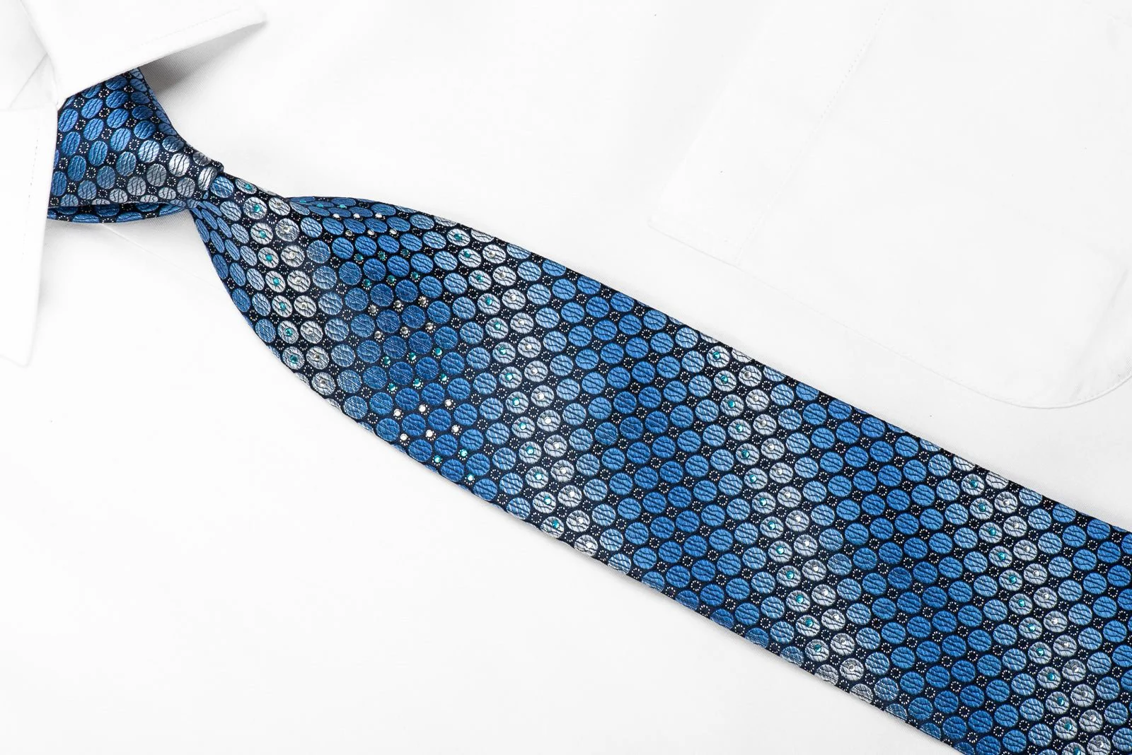 Caesars Men's Crystal Rhinestone Silk Necktie Blue Geometric Circles On Navy With Sparkles - Image 3