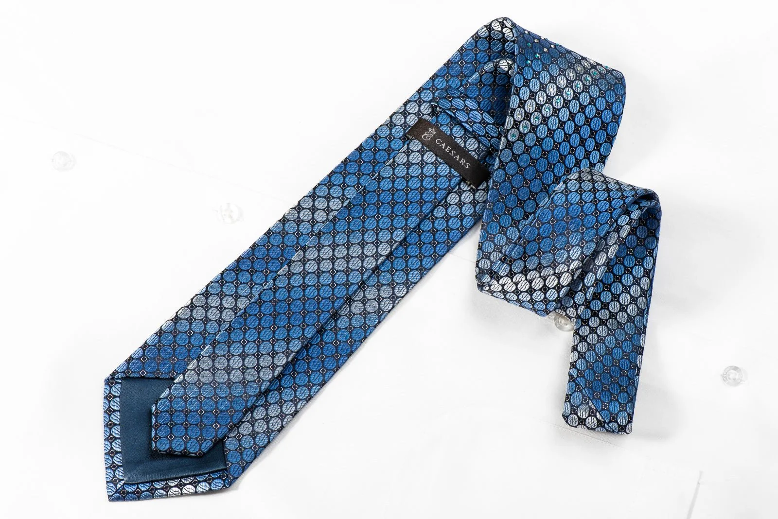 Caesars Men's Crystal Rhinestone Silk Necktie Blue Geometric Circles On Navy With Sparkles - Image 4