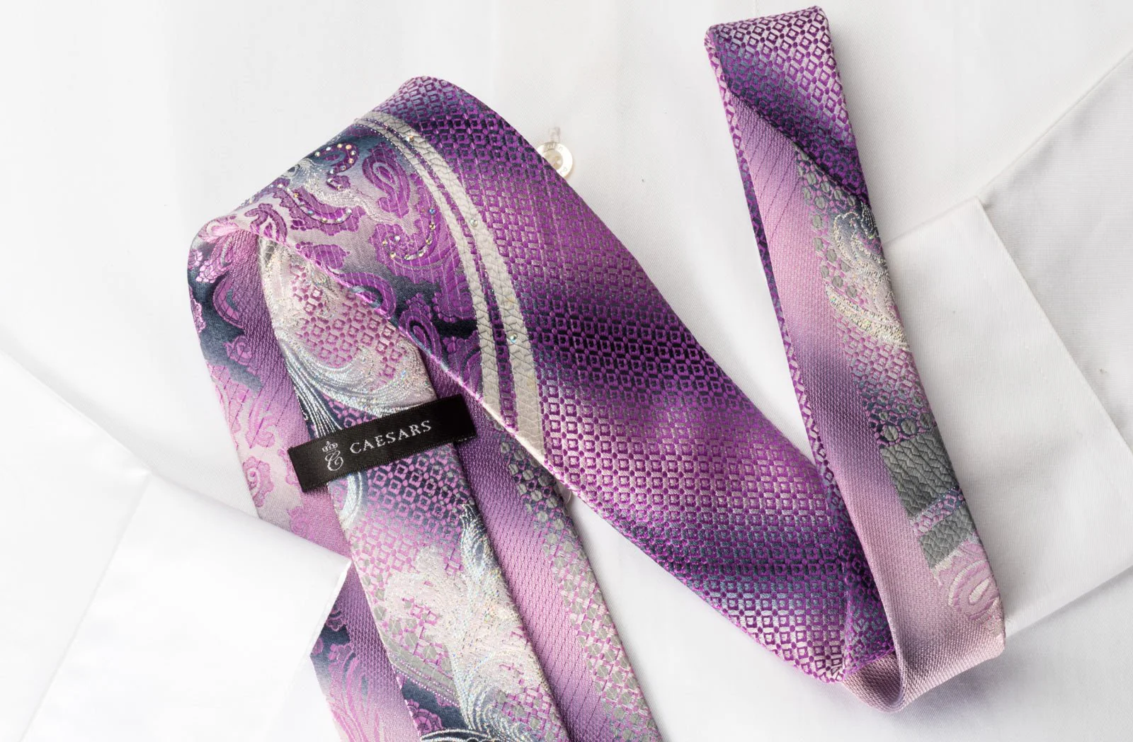 Caesars Silk Rhinestone Necktie Pink Silver Paisley Floral On Gray With Silver Sparkles - Image 3