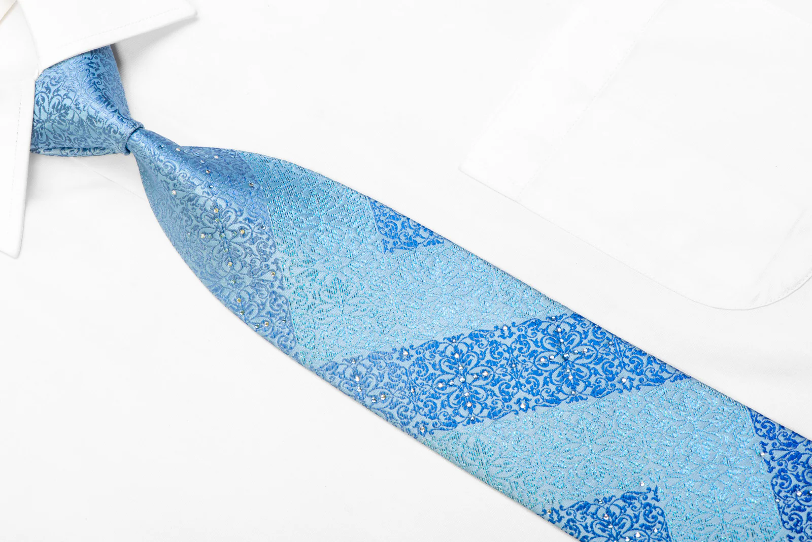 Cartouche On Pale Blue Rhinestone Silk Necktie With Blue Sparkles - Image 2