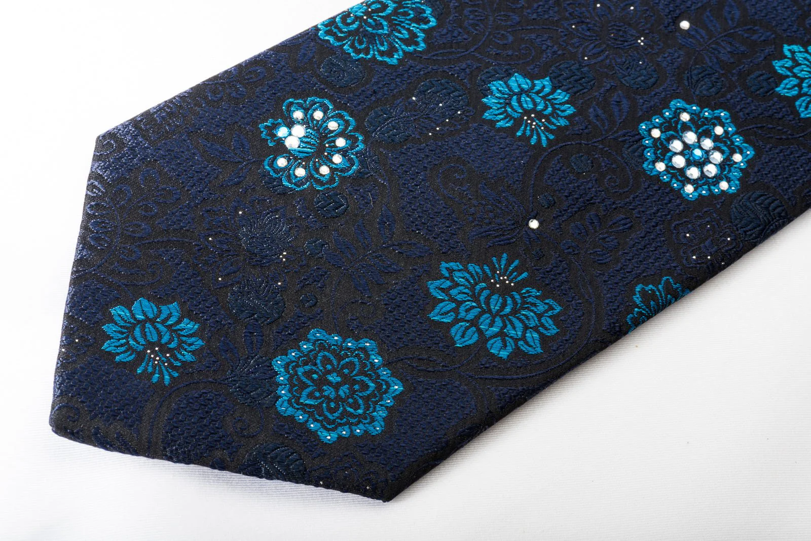 Carven Rhinestone Silk Necktie Blue Floral On Black With Silver Sparkles - Image 4
