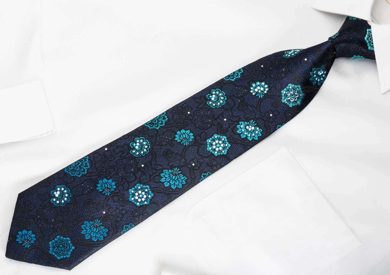 Carven Rhinestone Silk Necktie Blue Floral On Black With Silver Sparkles - Image 5