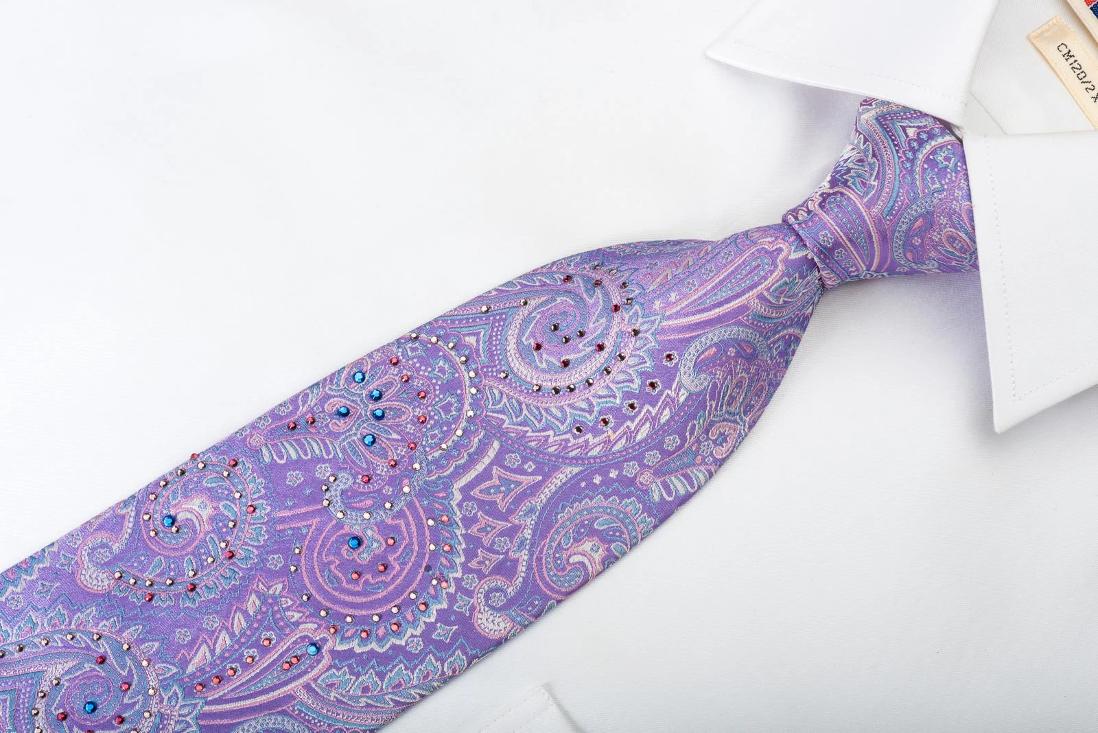 Charles de Alma Silk Necktie Paisley On Mauve With Colorful Rhinestones - Image 4