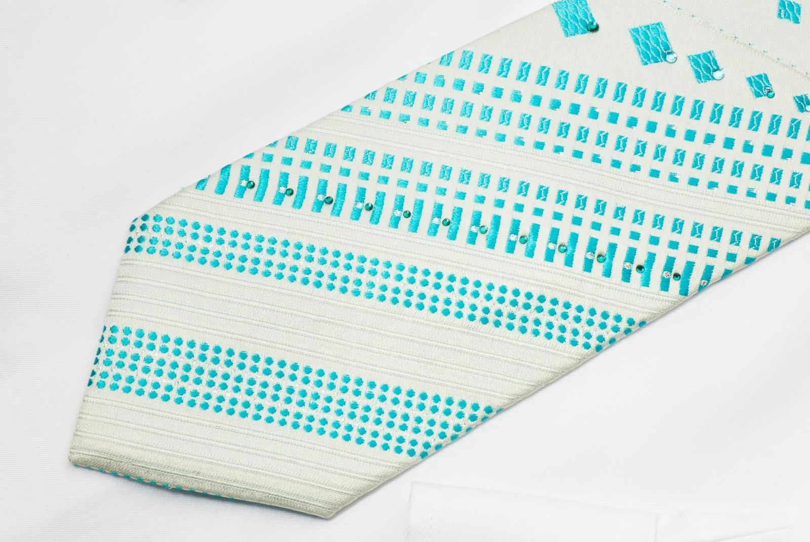 Charles Jourdan Crystal Rhinestone Tie Blue Geometric Stripes On White Silk - Image 3