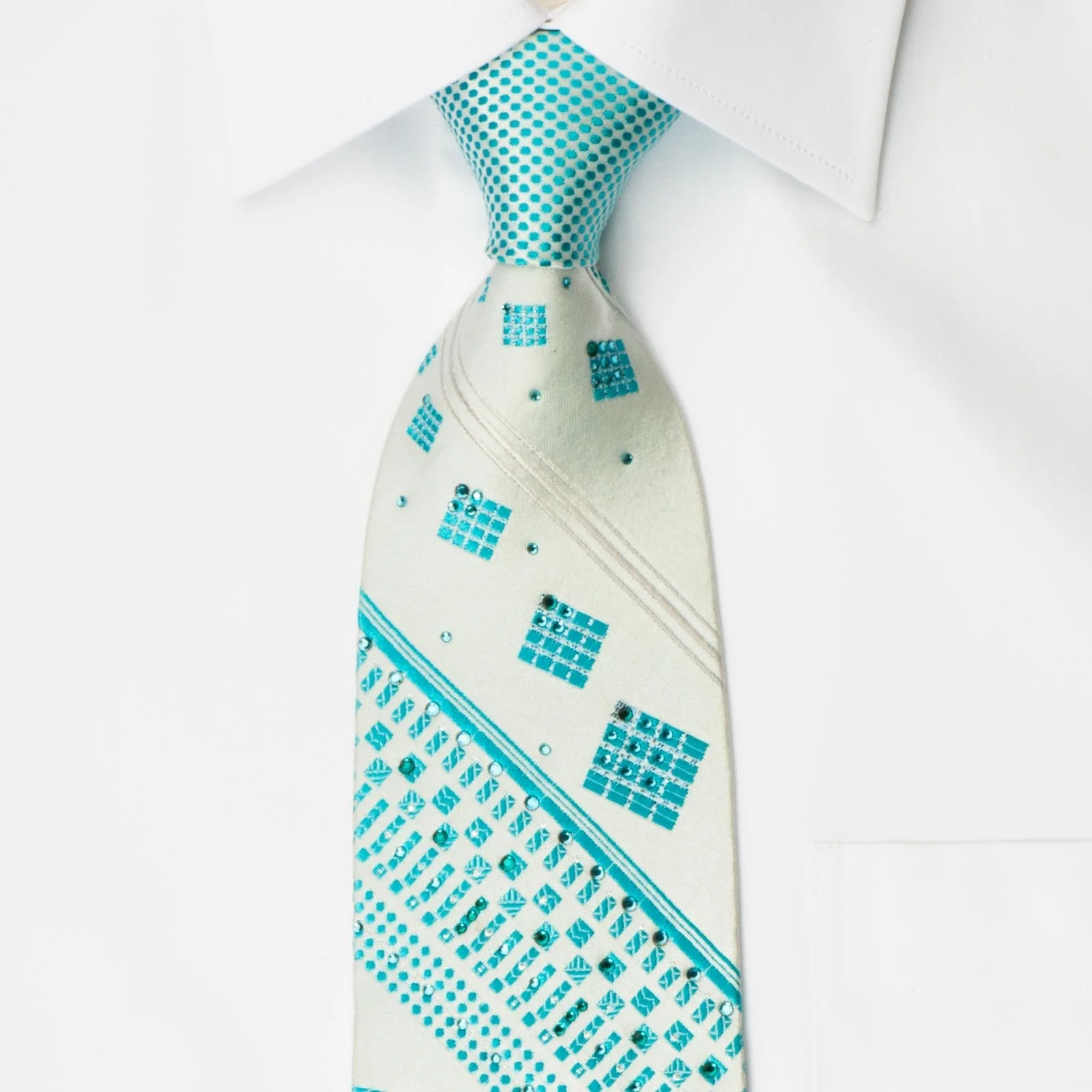 Charles Jourdan Crystal Rhinestone Tie Blue Geometric Stripes On White Silk - Image 4