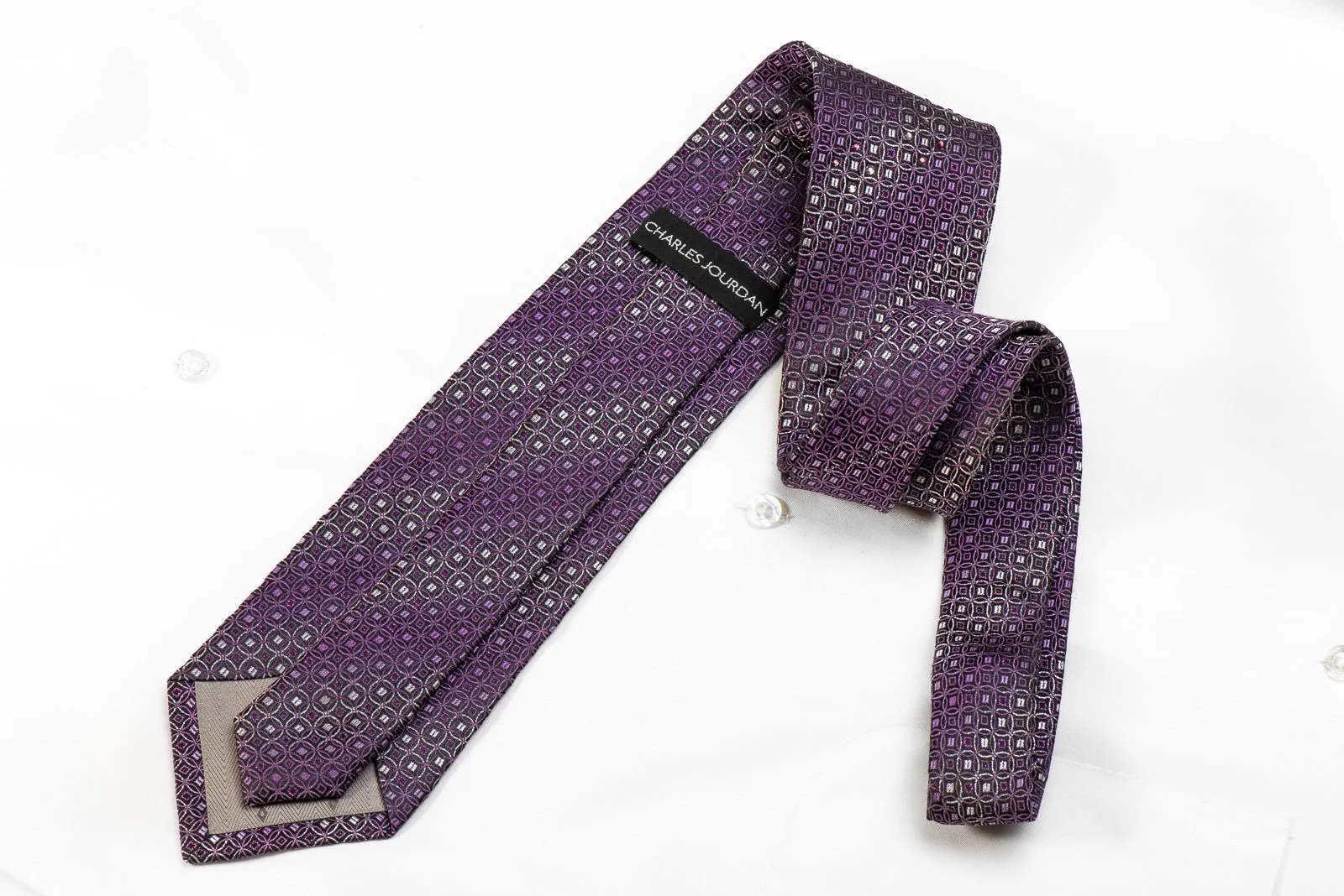 Charles Jourdan Men's Crystal Silk Necktie Purple Interlocking Circles On Navy With Sparkles - Image 3