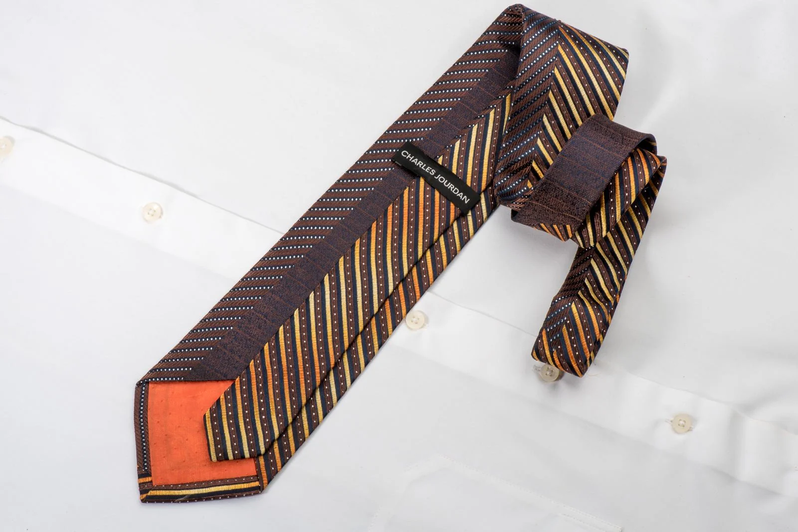 Charles Jourdan Men's Silk Rhinestone Tie Orange Striped On Brown With Silver Sparkles - Image 3