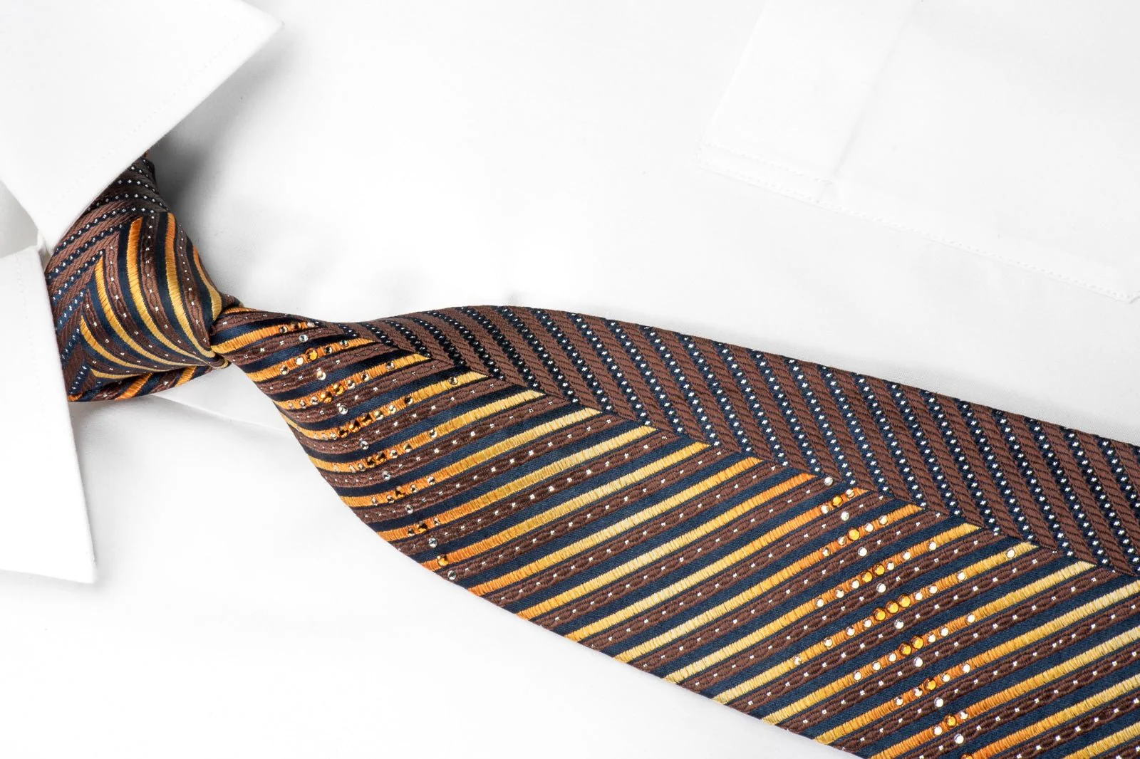 Charles Jourdan Men's Silk Rhinestone Tie Orange Striped On Brown With Silver Sparkles - Image 4