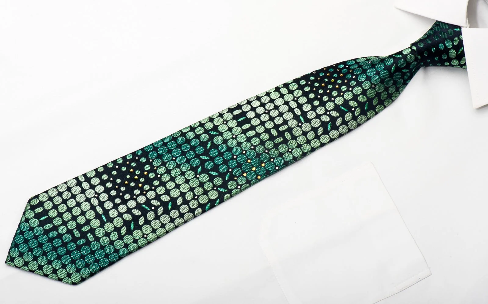 Charles Jourdan Men's Silk Tie Ovals On Dark Green Sparkling With Rhinestones - Image 3