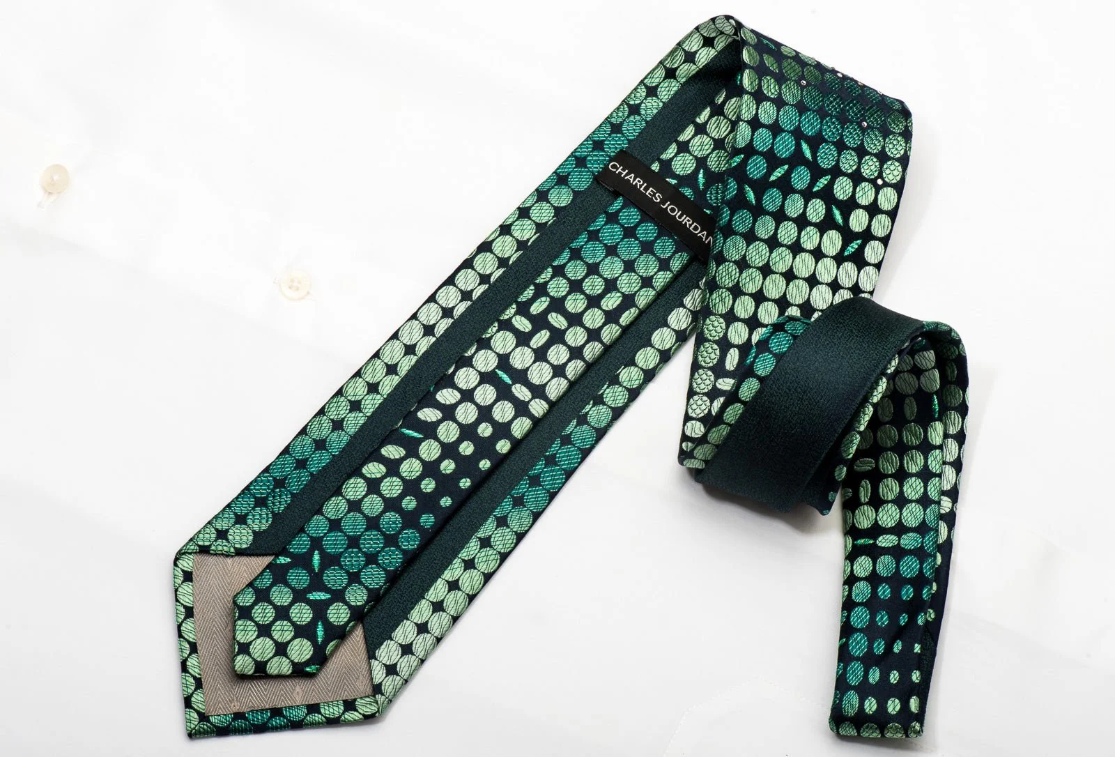 Charles Jourdan Men's Silk Tie Ovals On Dark Green Sparkling With Rhinestones - Image 4