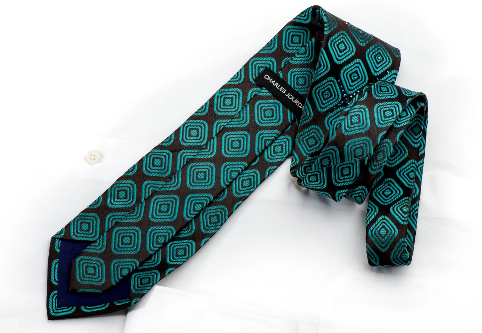 Charles Jourdan Men's Silk Tie Turquoise Geometric On Black Sparkling With Rhinestones - Image 4