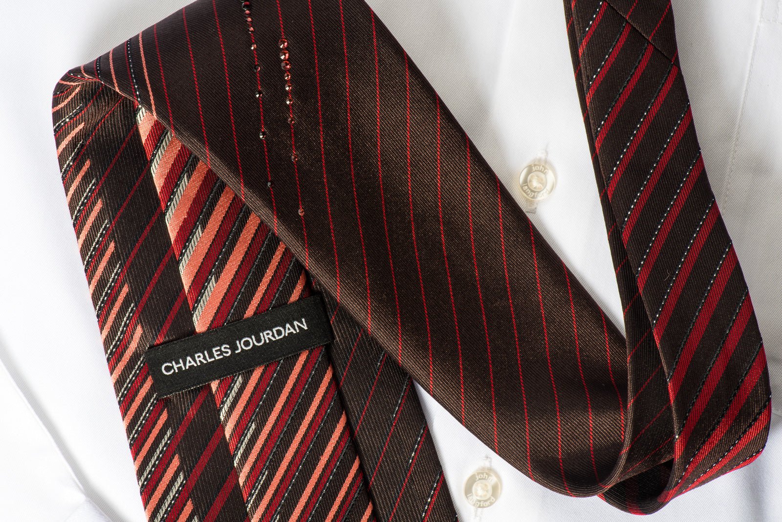 Charles Jourdan Rhinestone Necktie Orange Striped On Dark Brown With Silver Sparkles - Image 4