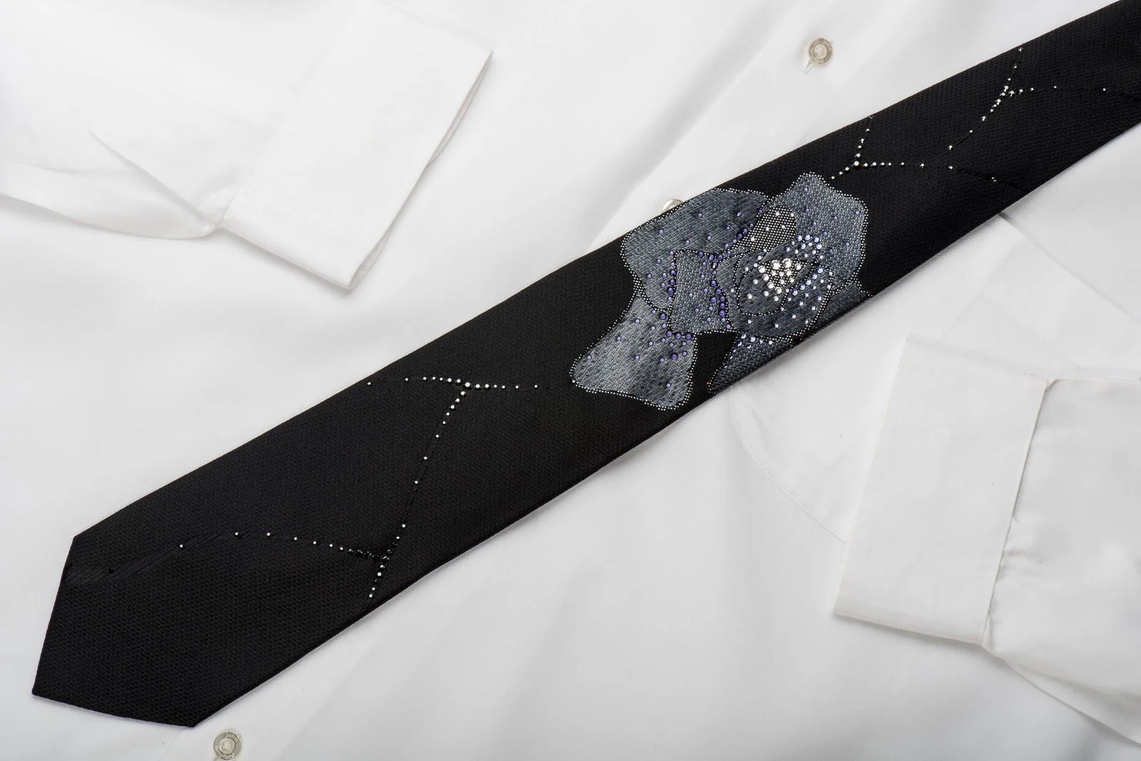 Charles Jourdan Rhinestone Silk Necktie Floral On Balck With Silver Sparkles - Image 4