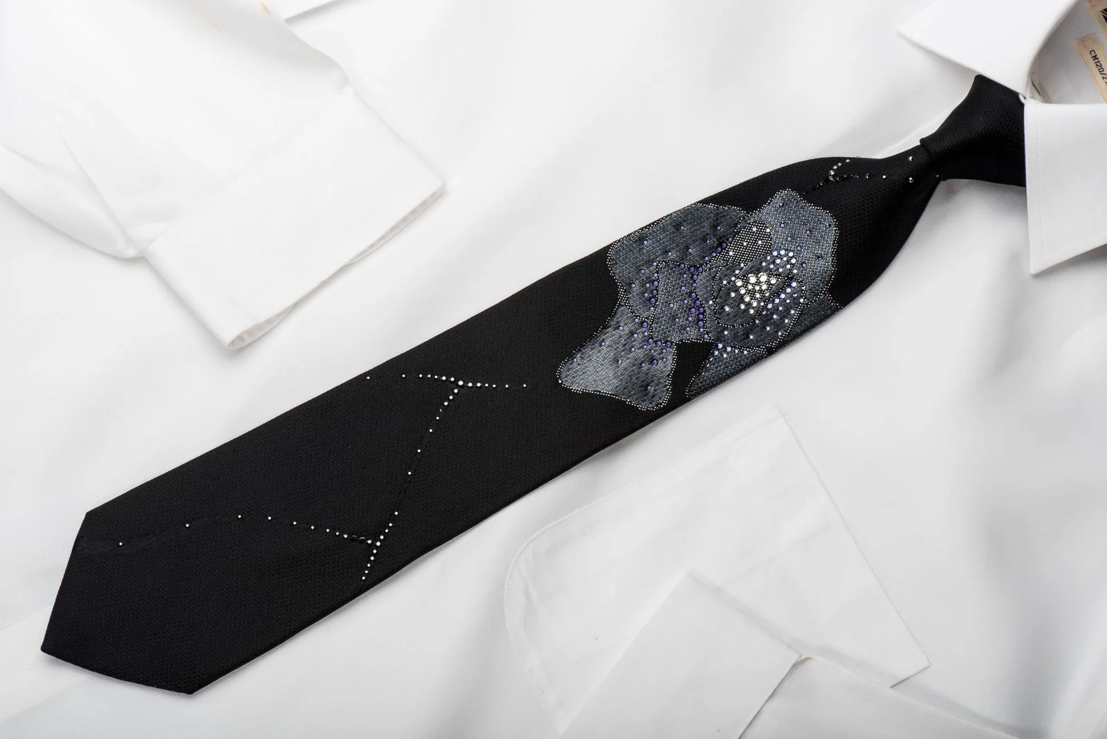 Charles Jourdan Rhinestone Silk Necktie Floral On Balck With Silver Sparkles - Image 5