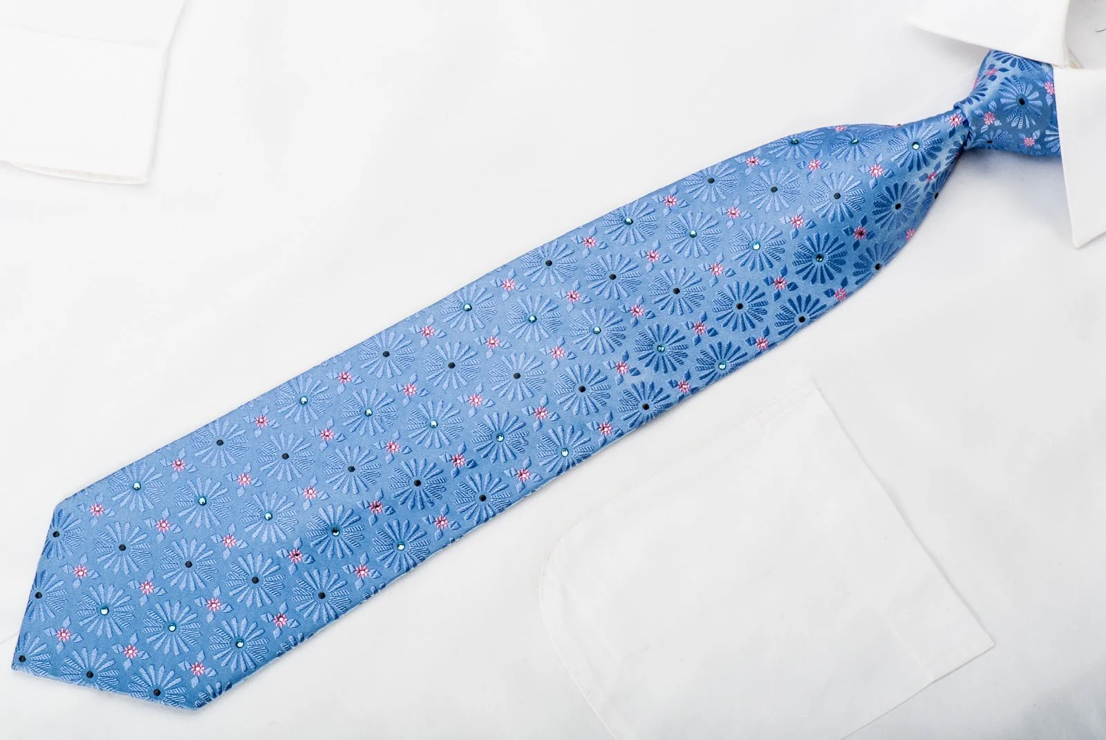 Charles Jourdan Mens Rhinestone Silk Necktie Floral On Blue - Image 3