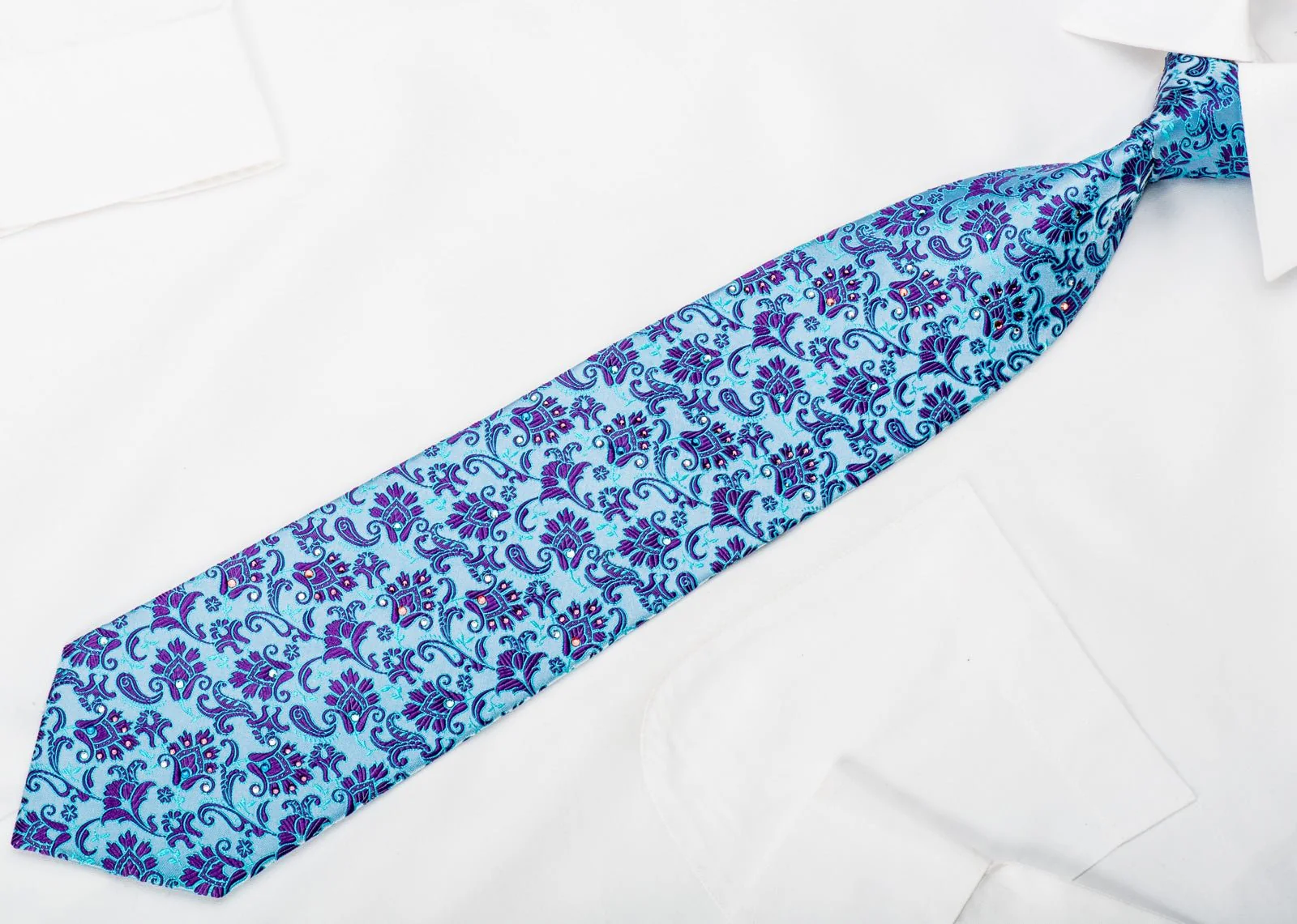 Charles Jourdan Rhinestone Silk Necktie Purple Anthemion On Blue - Image 3