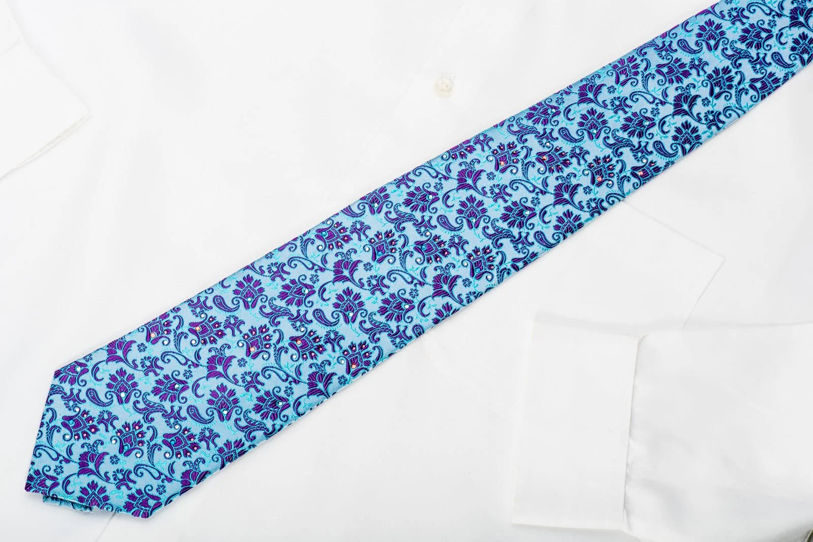 Charles Jourdan Rhinestone Silk Necktie Purple Anthemion On Blue - Image 4