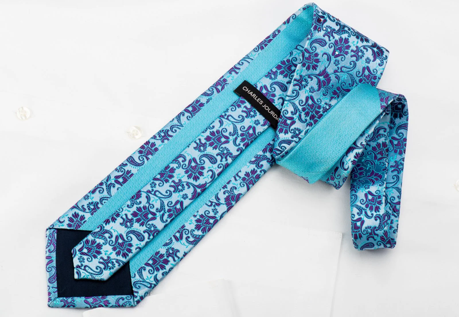 Charles Jourdan Rhinestone Silk Necktie Purple Anthemion On Blue - Image 5