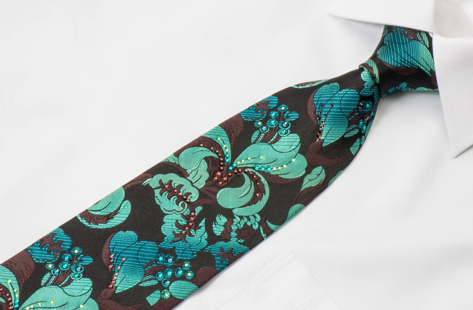 Charles Jourdan Rhinestone Silk Tie Turquoise Floral Orchids On Black - Image 3