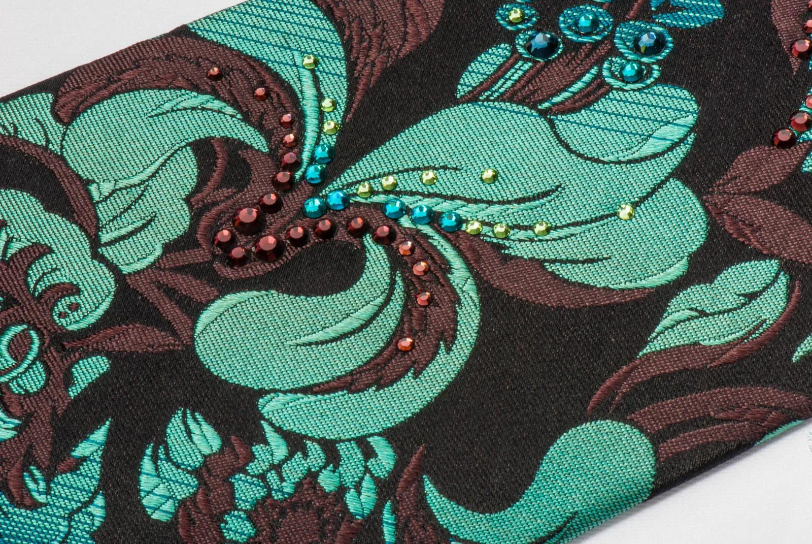Charles Jourdan Rhinestone Silk Tie Turquoise Floral Orchids On Black - Image 6