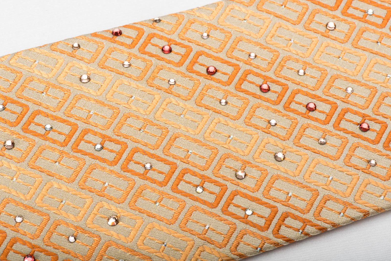 Charles Jourdan Silk Rhinestone Necktie Orange Geometric Striped With Sparkles - Image 5
