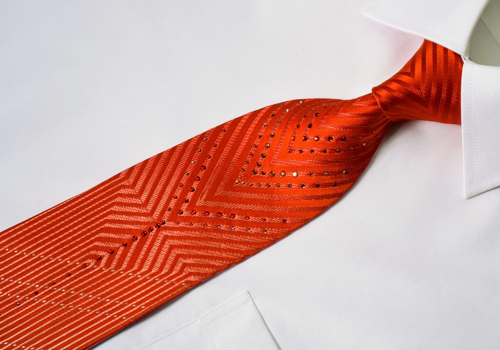 Charles Jourdan Silk Rhinestone Necktie Red V-Striped With Silver Sparkles - Image 3