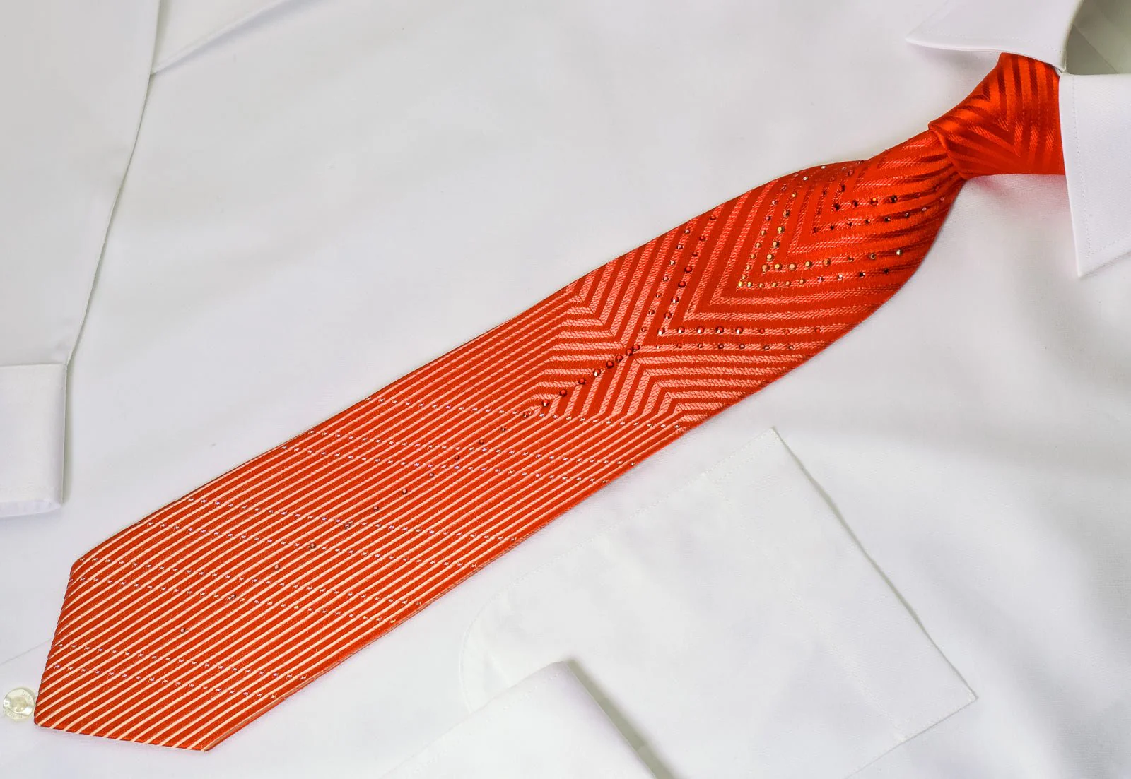 Charles Jourdan Silk Rhinestone Necktie Red V-Striped With Silver Sparkles - Image 4