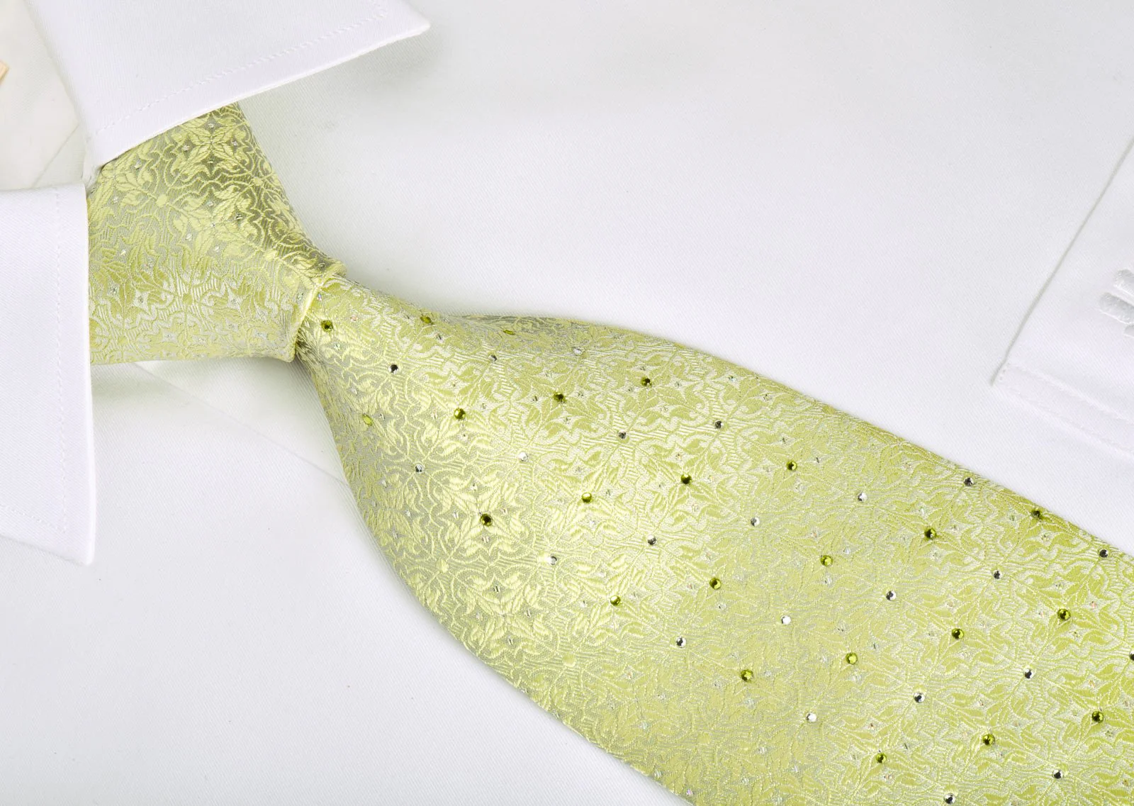 Chemeric Rhinestone Silk Necktie Damask On Lime Green With Silver Sparkles - Image 5
