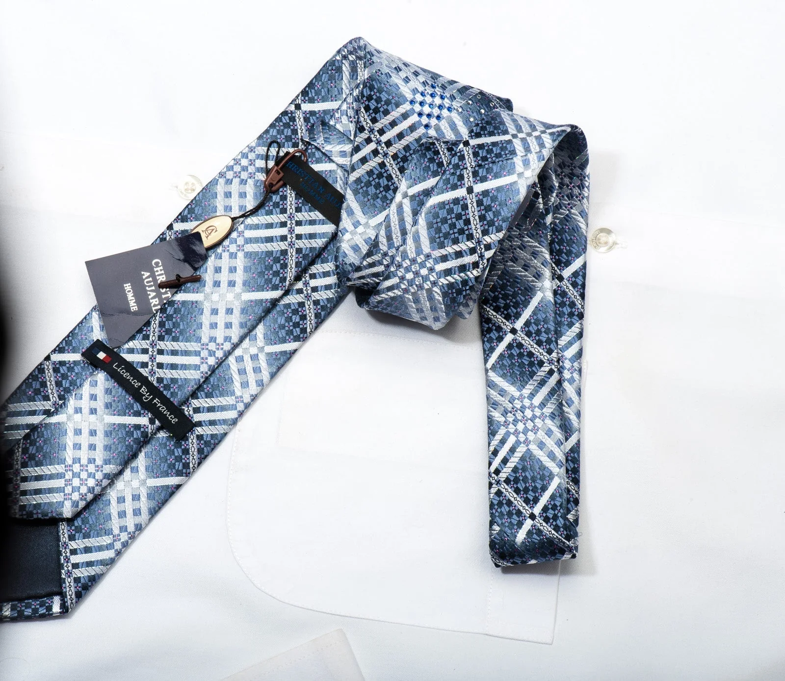 Christian Aujard Men's Silk Rhinestone Necktie Silver Checkered On Blue With Sparkles - Image 5