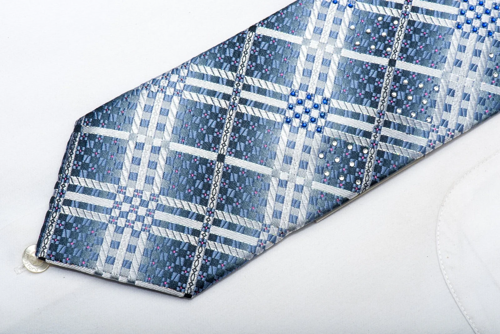 Christian Aujard Men's Silk Rhinestone Necktie Silver Checkered On Blue With Sparkles - Image 6