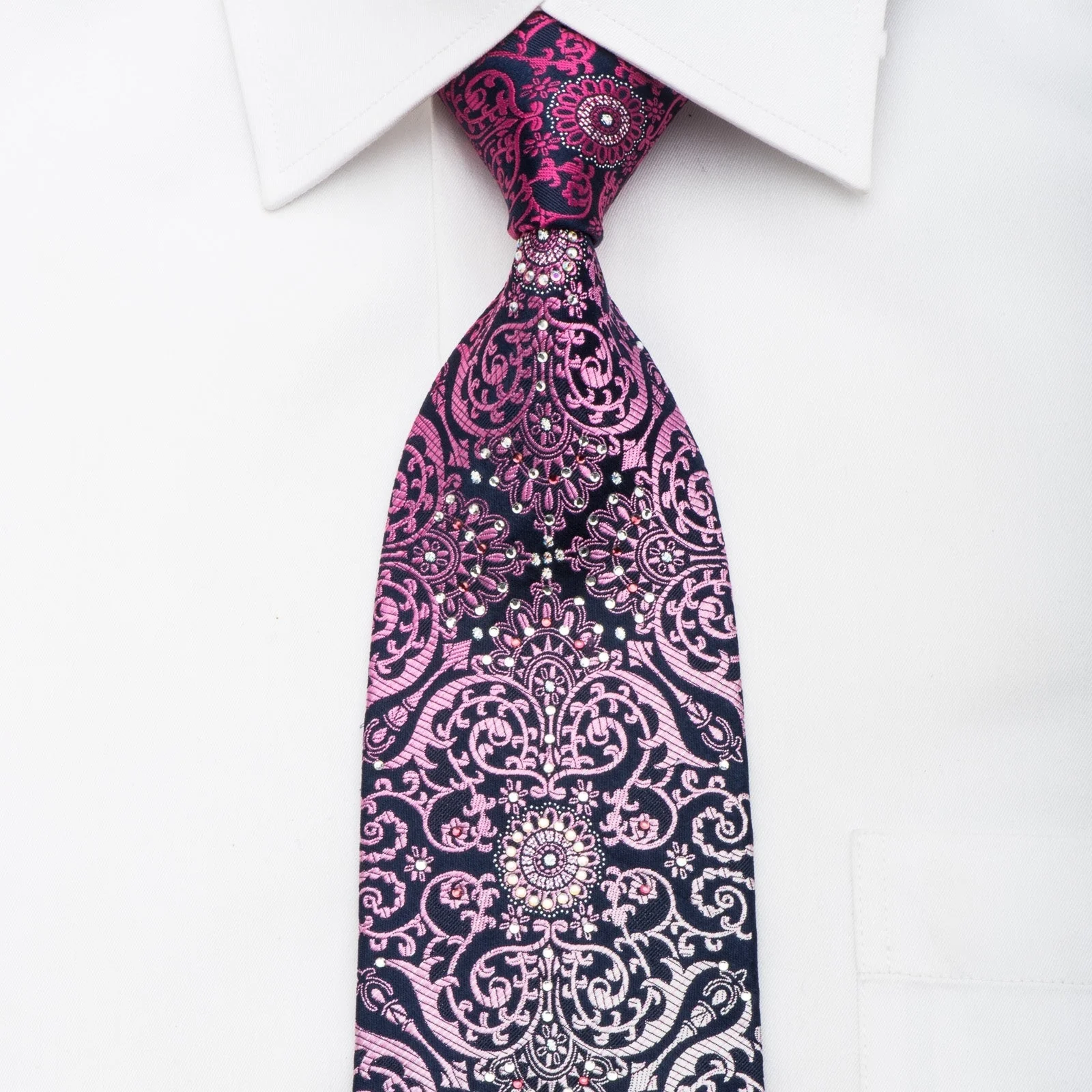 Christian Aujard Rhinestone Necktie Purple Damask On Navy With Silver Sparkles