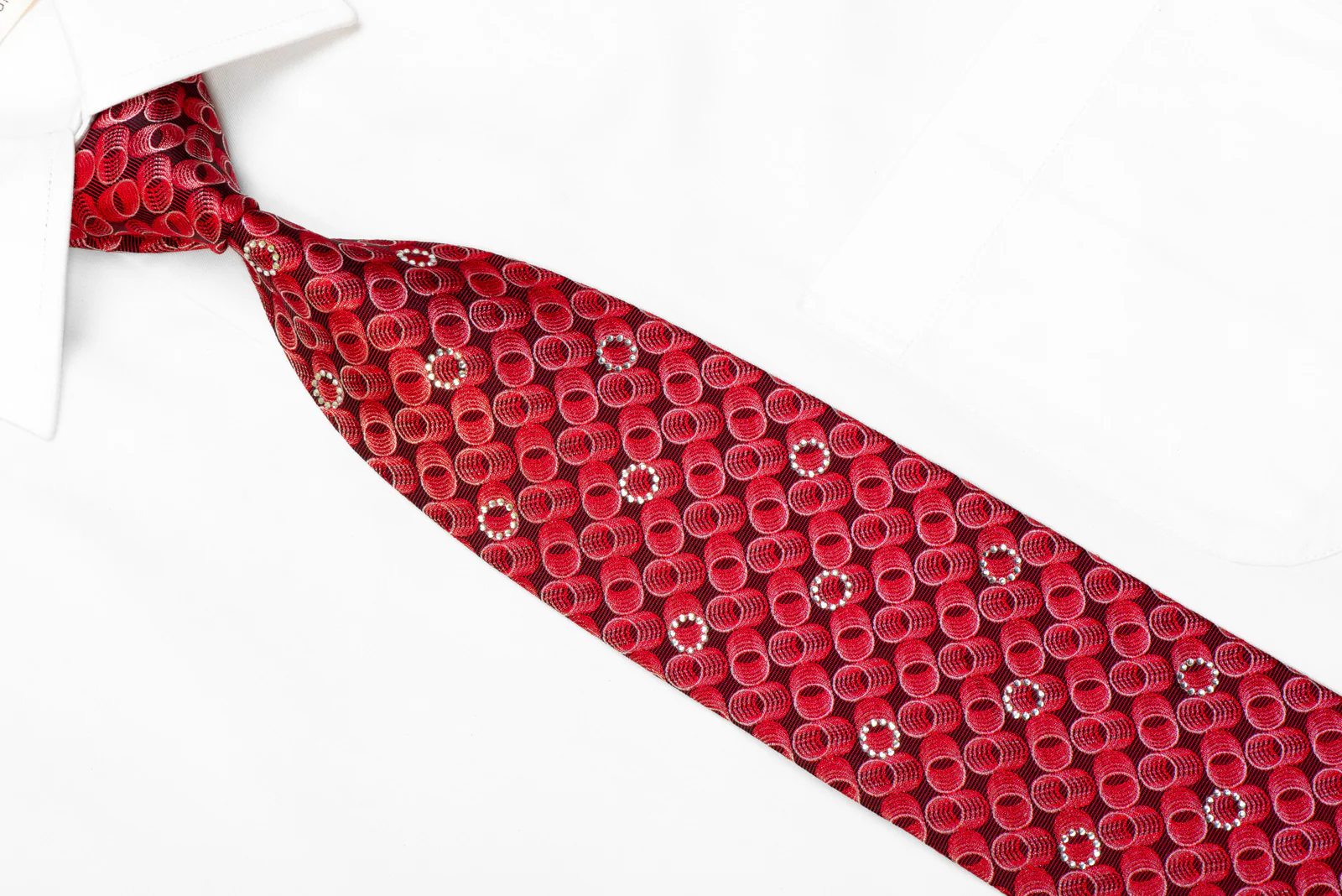 Christian Aujard Rhinestone Silk Necktie Silver Geometric Circles On Red Black - Image 2