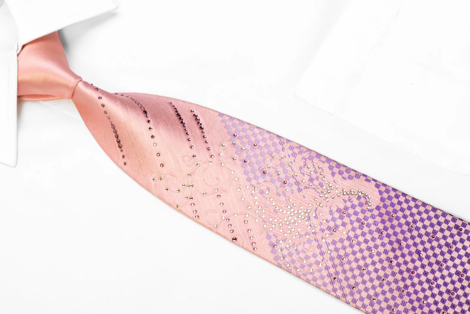 Christian Aujard Rhinestone Silk Tie Purple Checkered Scrolls On Pink - Image 2