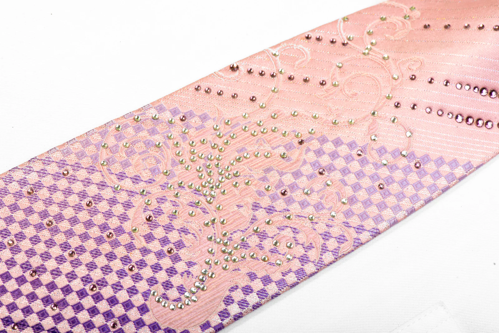Christian Aujard Rhinestone Silk Tie Purple Checkered Scrolls On Pink - Image 3