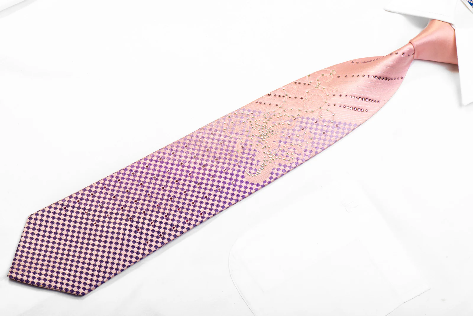 Christian Aujard Rhinestone Silk Tie Purple Checkered Scrolls On Pink - Image 4