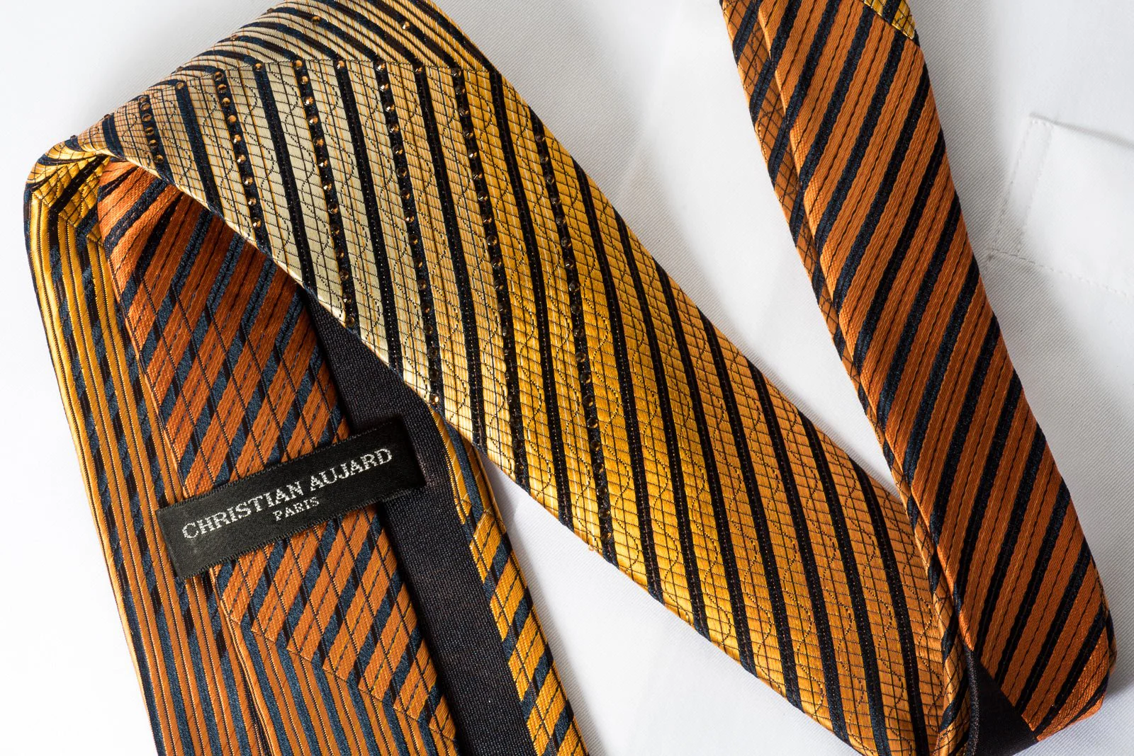 Christian Aujard Silk Rhinestone Necktie Orange Striped On Black - Image 3