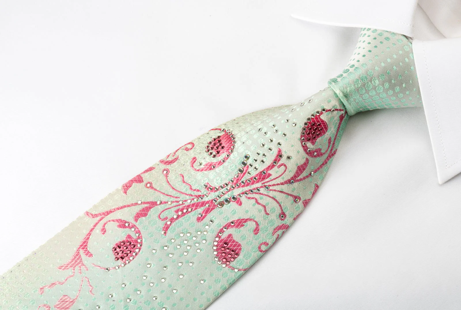 Christian Aujard Silk Rhinestone Necktie Pink Floral On Light Green With Silver Sparkles - Image 4