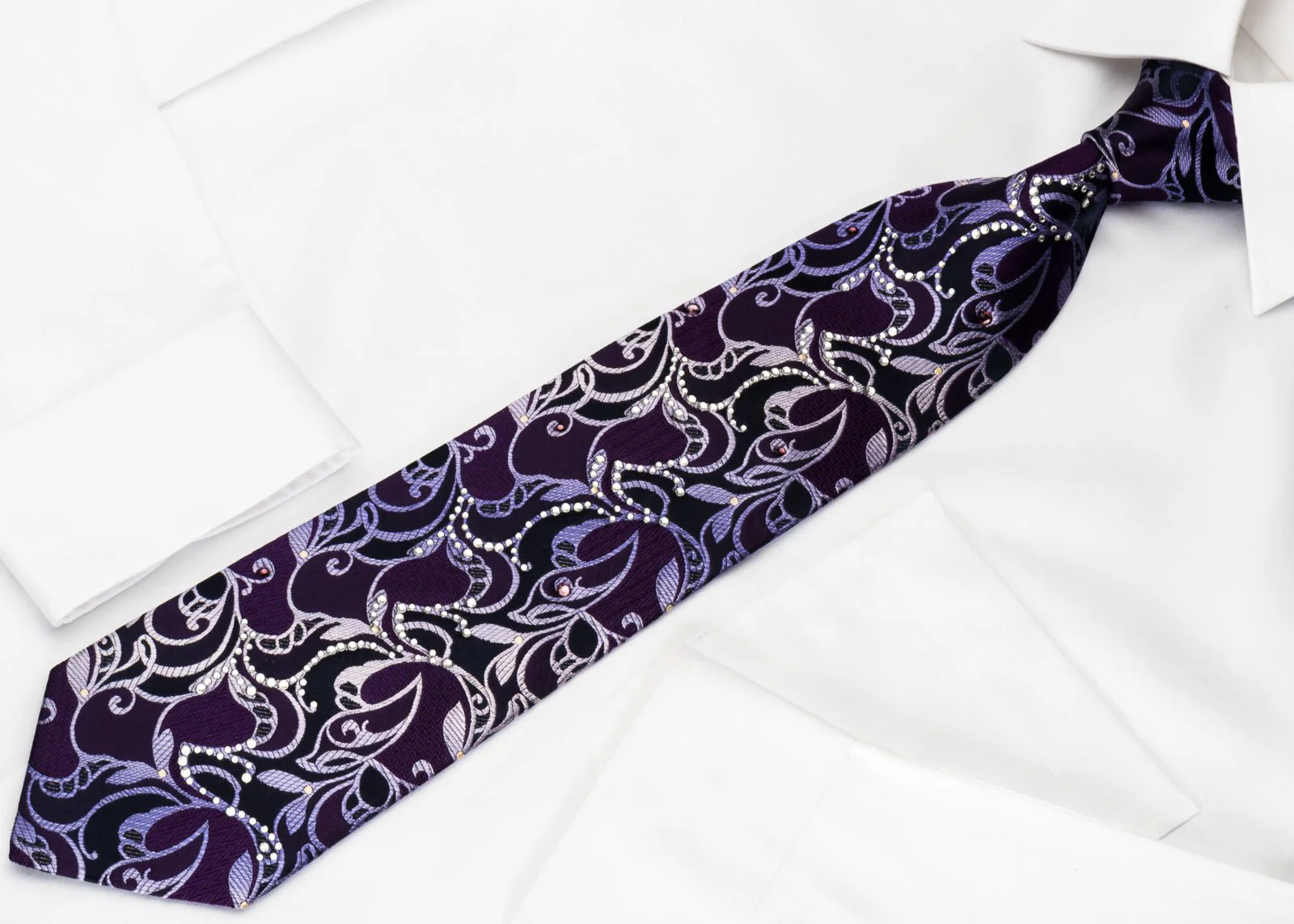 Christian Aujard Silk Tie Floral On Purple With Crystal Rhinestones - Image 3