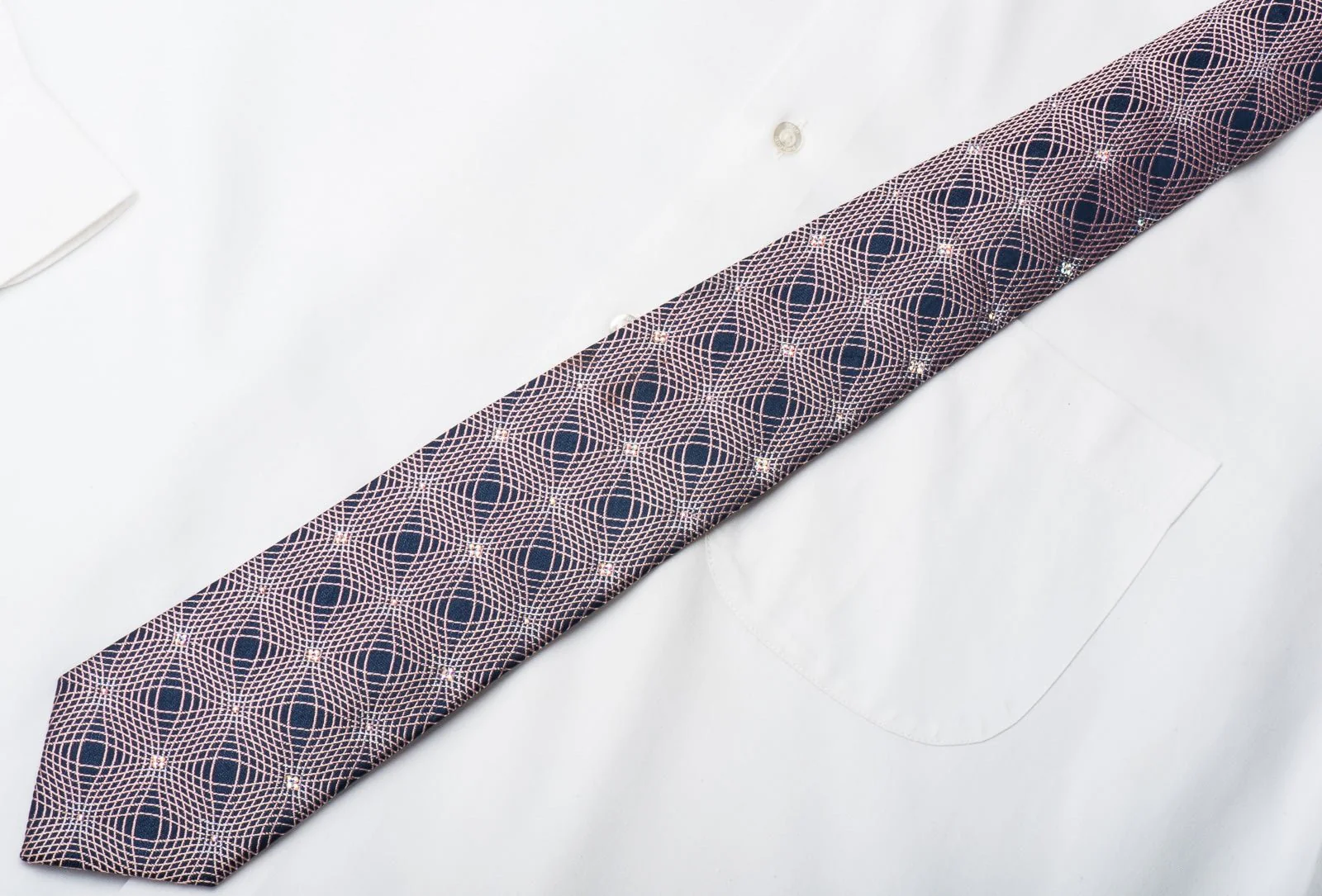 Christian Lacroix Mens Crystal Tie Pink Geometric On Navy Silk With Silver Sparkles - Image 3