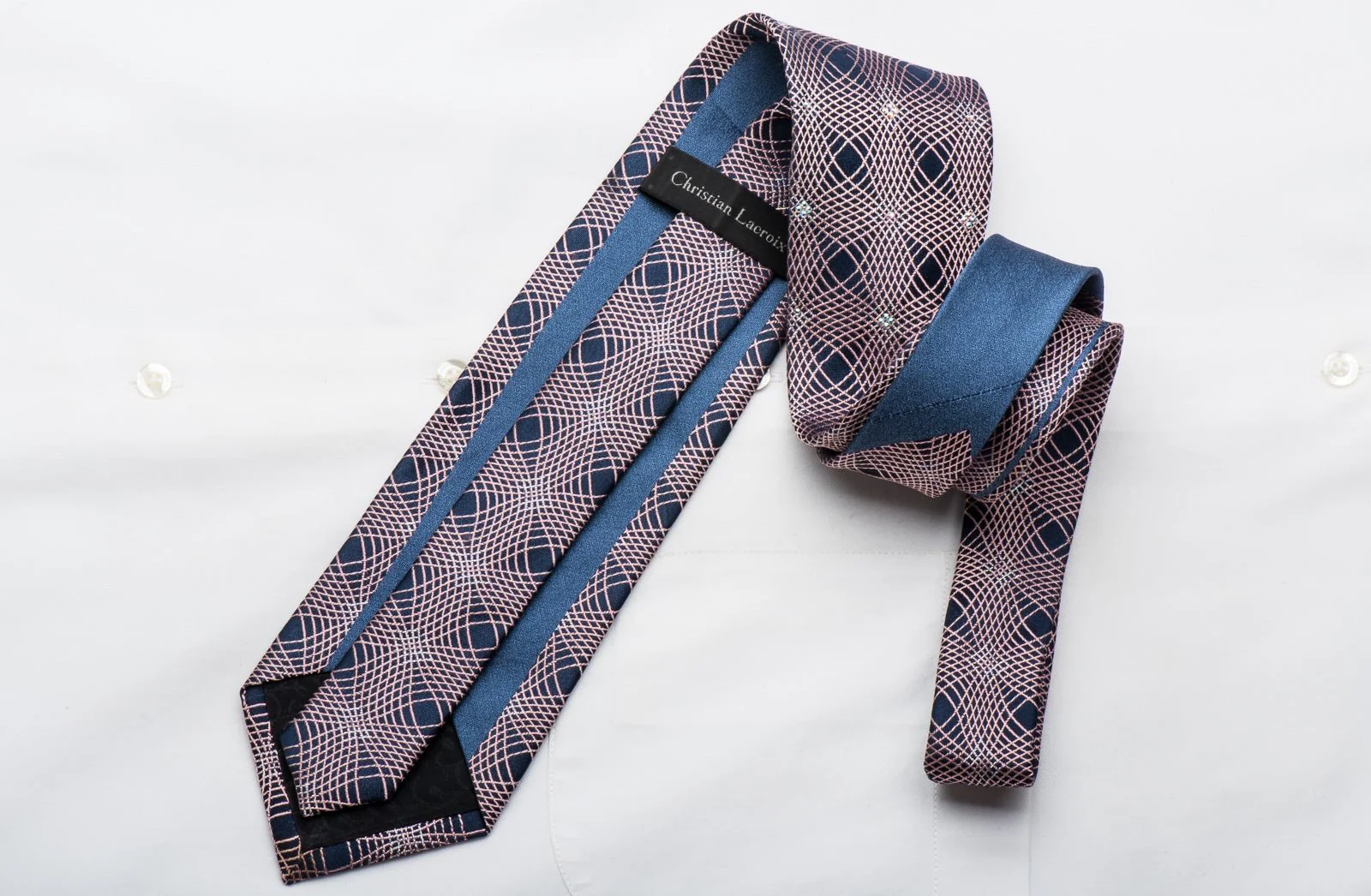 Christian Lacroix Mens Crystal Tie Pink Geometric On Navy Silk With Silver Sparkles - Image 4