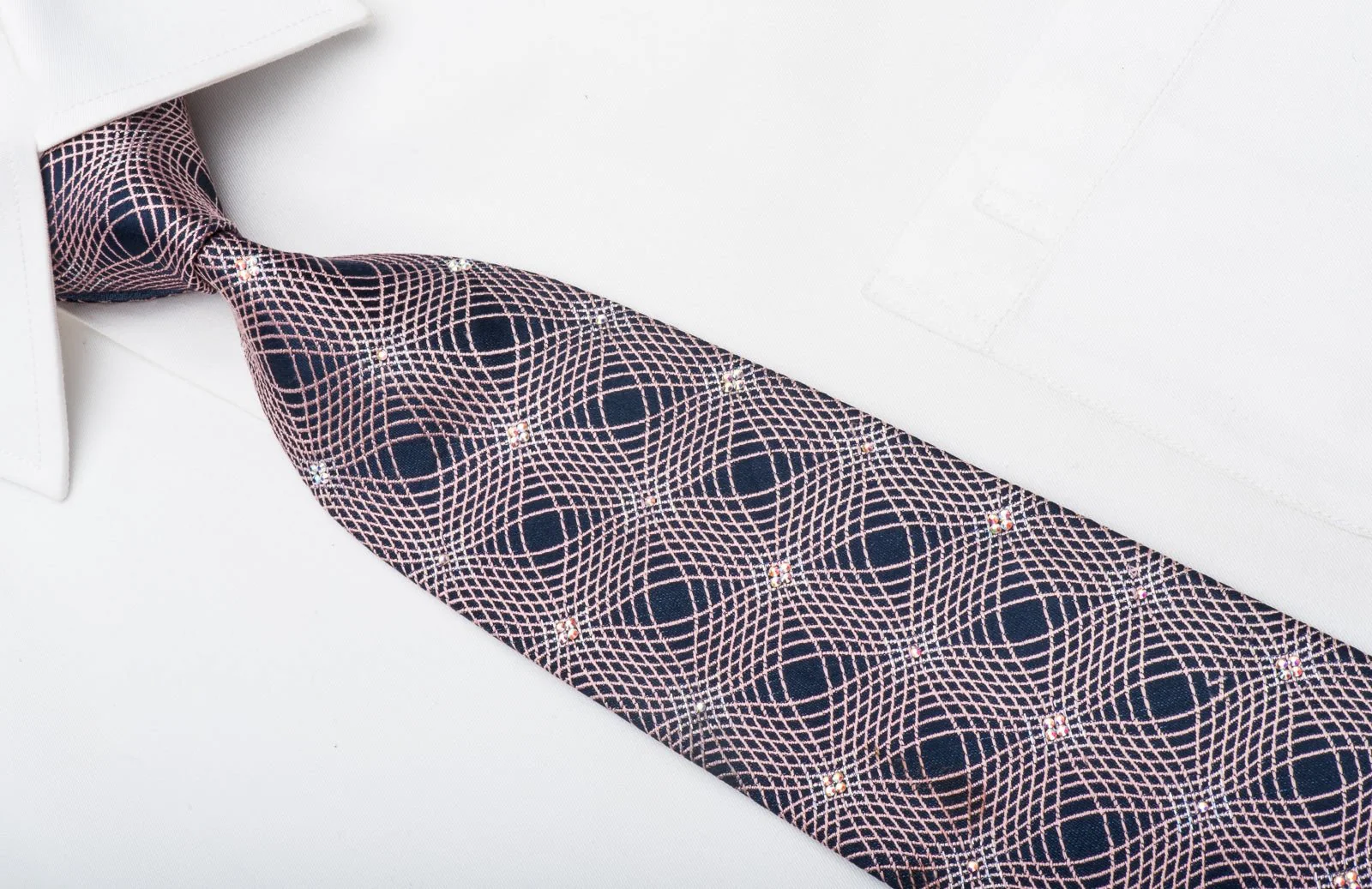 Christian Lacroix Mens Crystal Tie Pink Geometric On Navy Silk With Silver Sparkles - Image 5