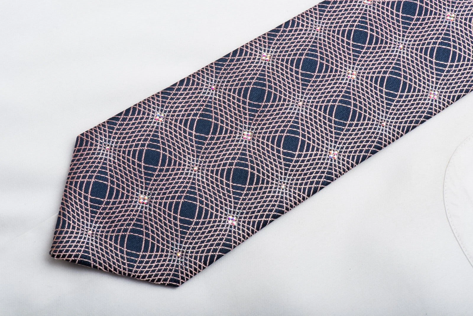 Christian Lacroix Mens Crystal Tie Pink Geometric On Navy Silk With Silver Sparkles - Image 6