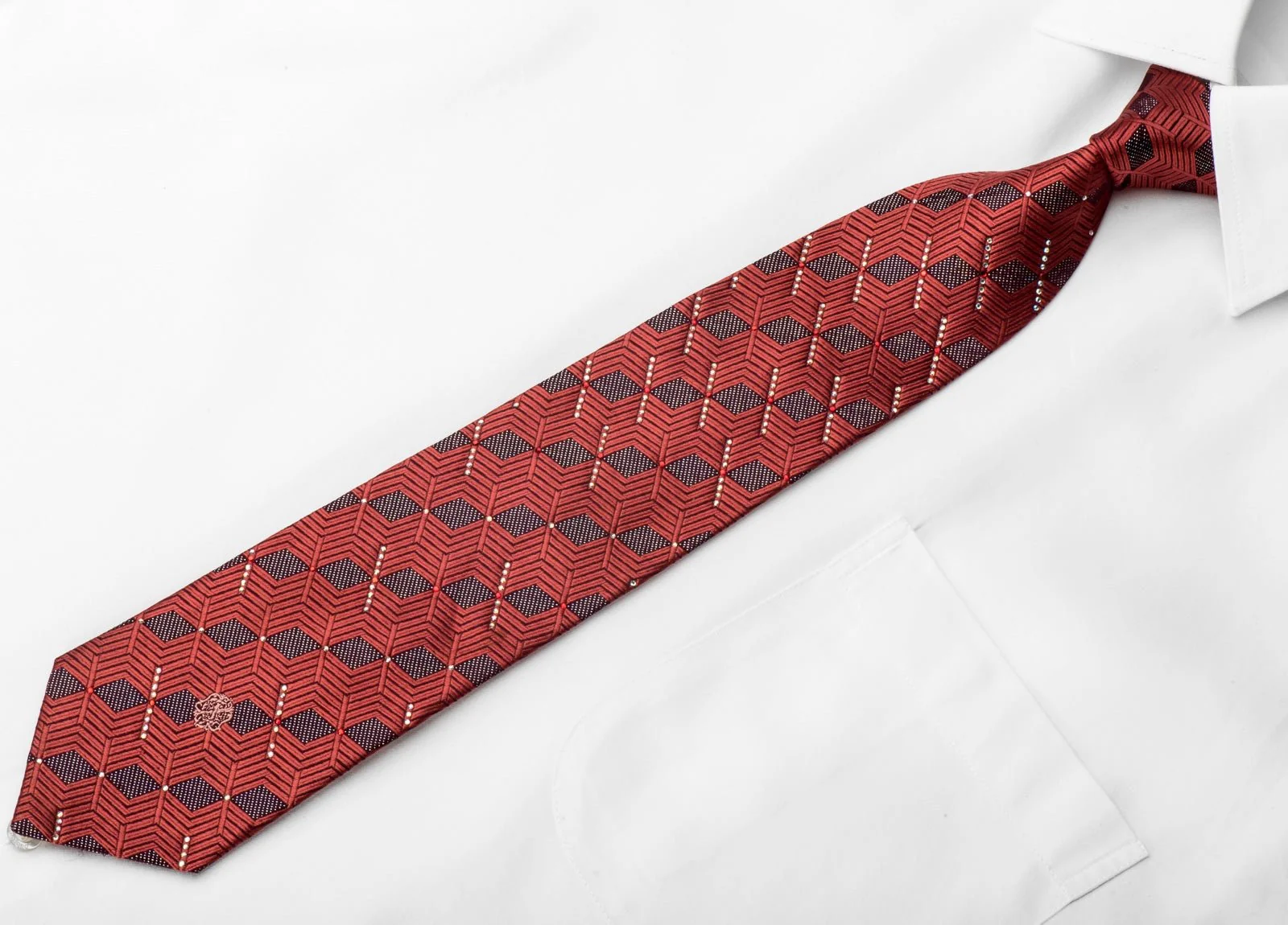 Christian Lacroix Men's Crystal Rhinestone Tie Geometric On Burgundy With Silver Sparkles - Image 4