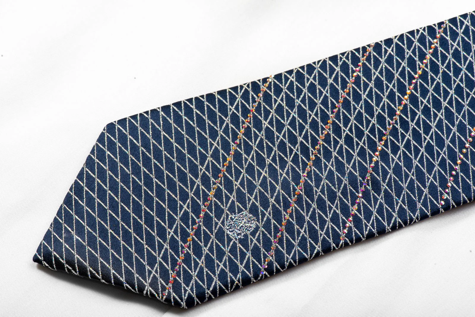 Christian Lacroix Men's Rhinestone Silk Necktie Silver Trellis On Navy With Sparkles - Image 4
