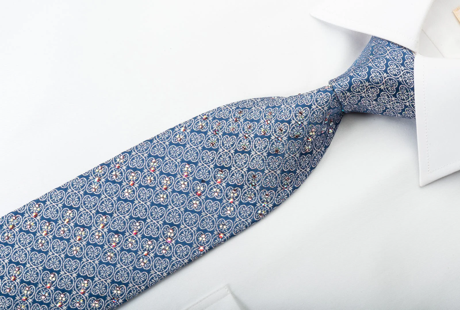 Christian Lacroix Silk Rhinestone Necktie Silver Anthemion On Blue Silk - Image 6