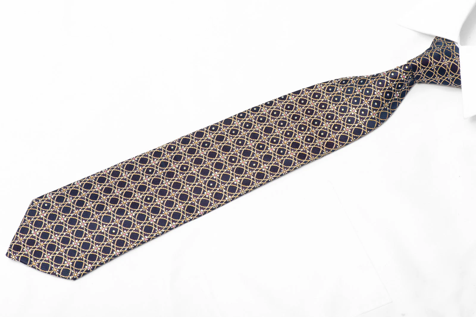 Gold Interlocking Circles On Navy Blue Rhinestone Silk Necktie With Sparkles - Image 3