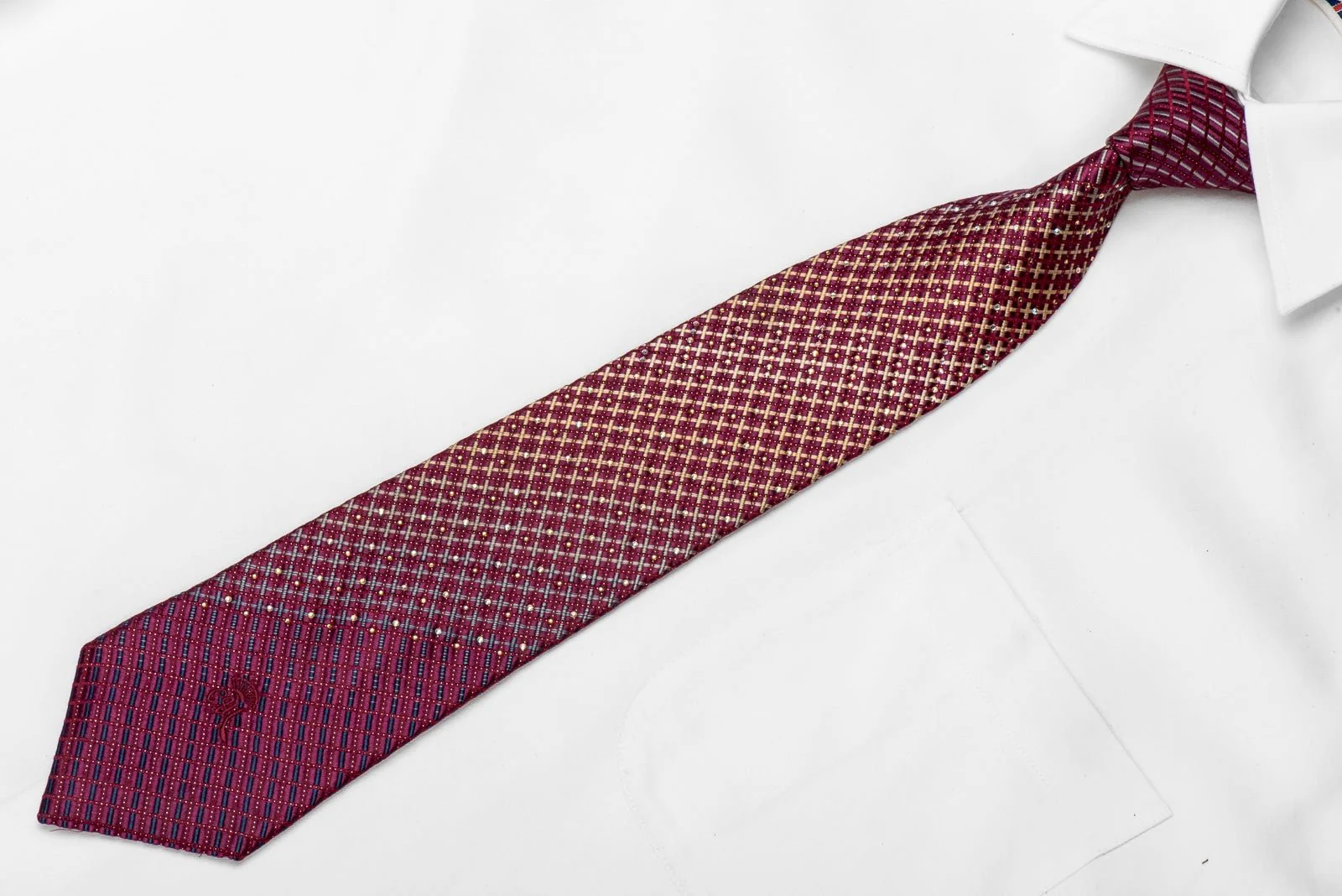 Countess Mara Men's Crystal Silk Tie Gold Gray Geometric On Burgundy With Sparkles - Image 2
