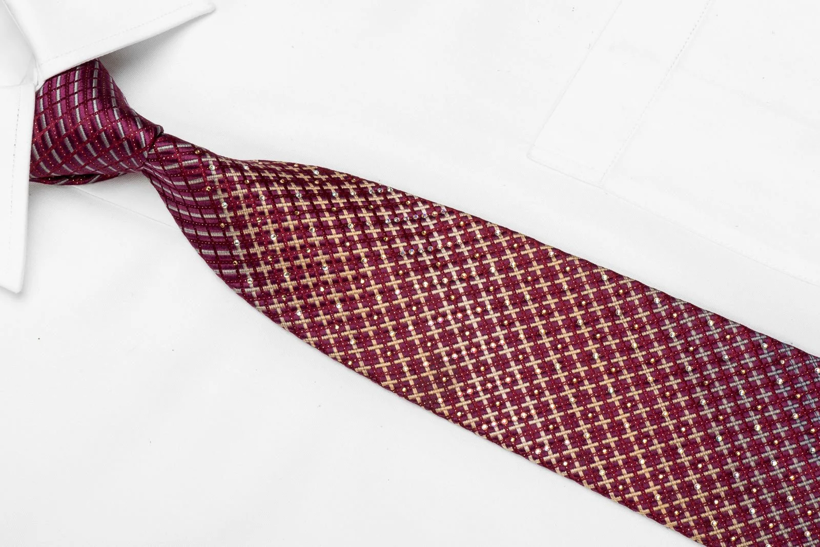 Countess Mara Men's Crystal Silk Tie Gold Gray Geometric On Burgundy With Sparkles - Image 3